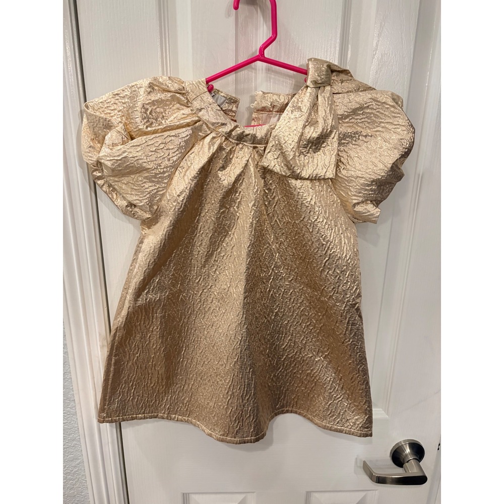 Badgley Mischka Dress Gold Metallic Puff Sleeve Bow Special Occasion BMG48010